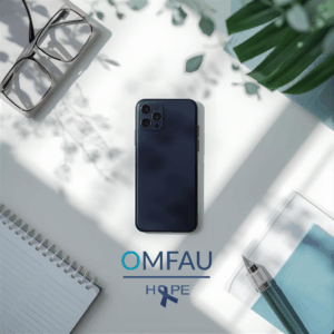 Smartphone resting on a desk surface.